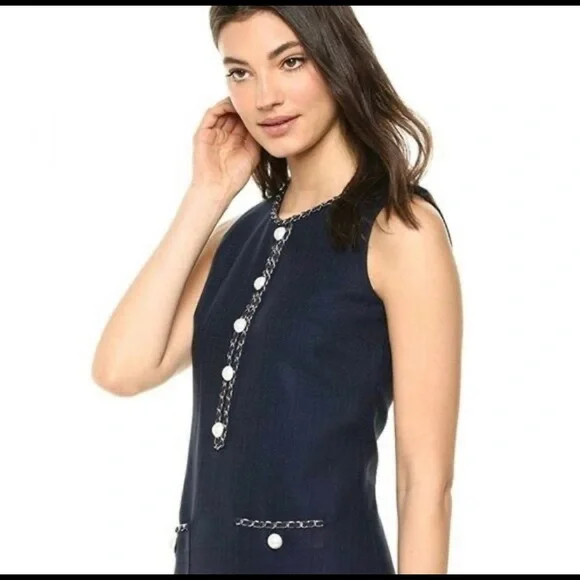 Karl Lagerfeld Paris navy Tweed Mini shift Dress Pearl Chain Sz 6 - Picture 3 of 11